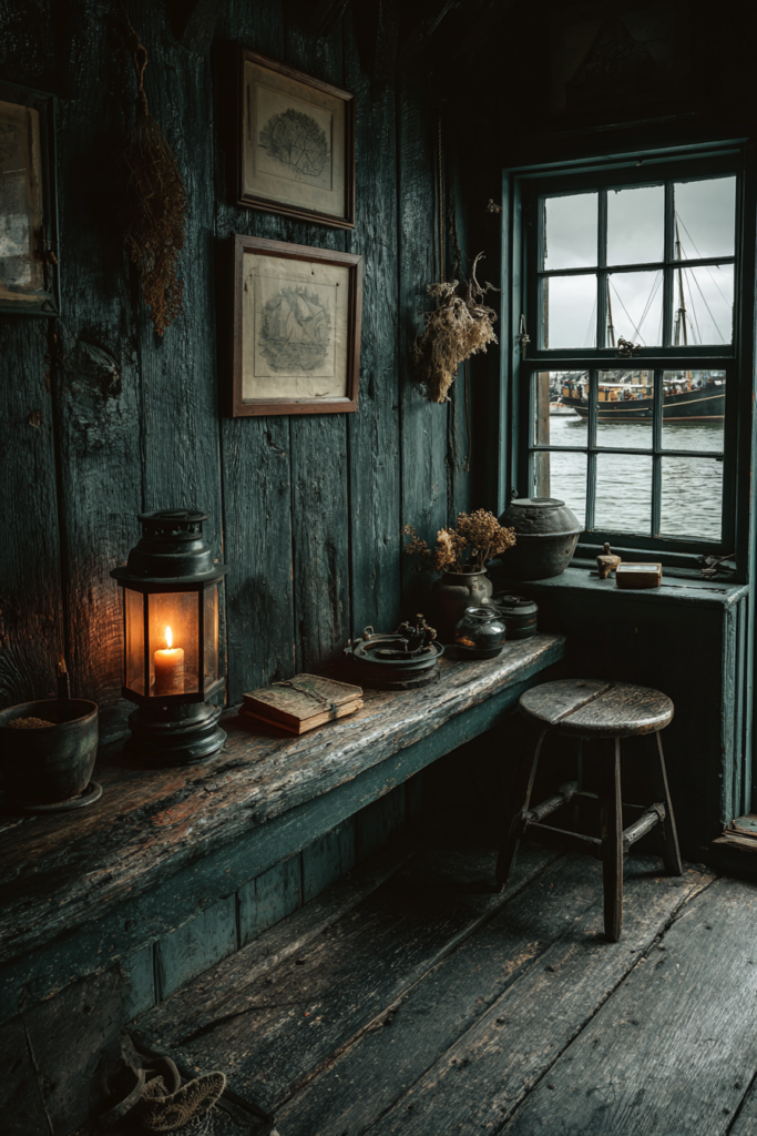 Interior of an old coastal gothic house with dark wood panelling, north-facing window overlooking grey water and antique navigation instruments on shelf