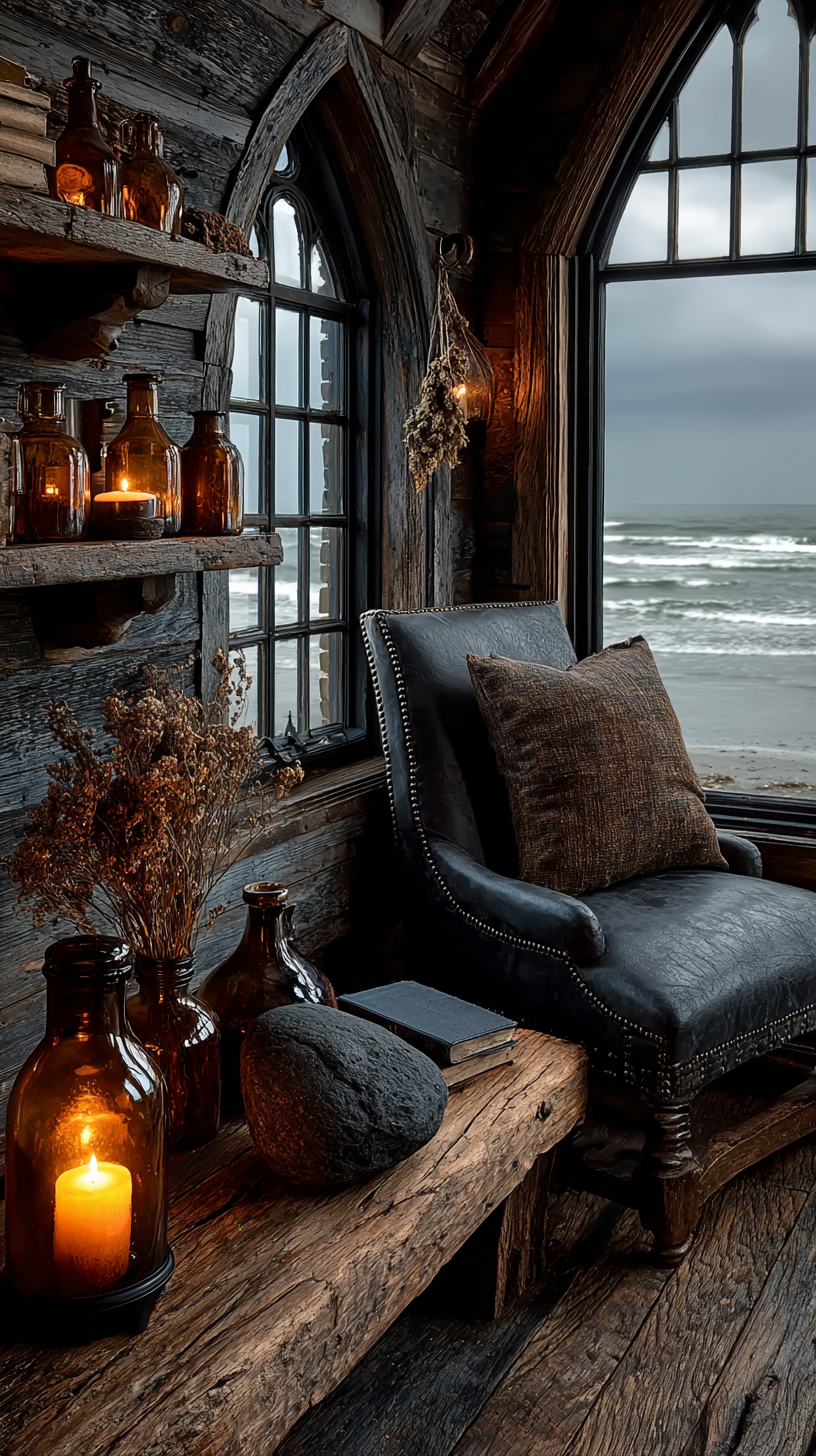 A moody coastal gothic interior corner with weathered dark wood plank walls, a large multi paned window showing a calm grey sea, a worn dark chair, rough shelves with dark glass vessels and a glowing lantern, and dried sea herbs hanging from an iron hook