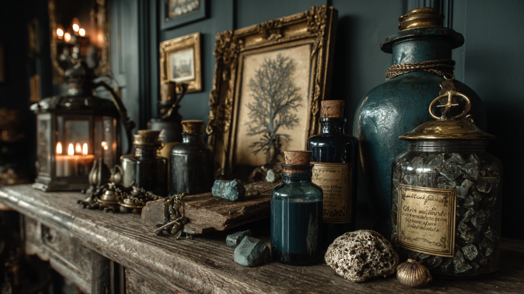 Coastal gothic interior shelf with antique brass sextant, dark glass wax-sealed bottles, framed pressed seaweed specimen, sea glass on driftwood and ship's lantern