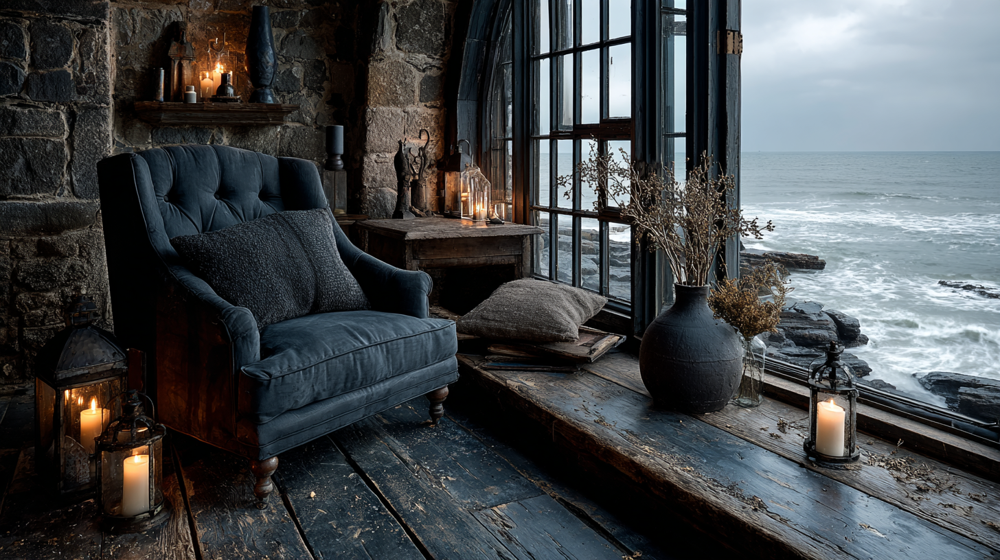 A coastal gothic interior with weathered dark wood plank walls, a large multi paned window looking out onto a calm grey sea, a worn dark chair, lantern light, and dried botanicals in a dark vessel on the floor
