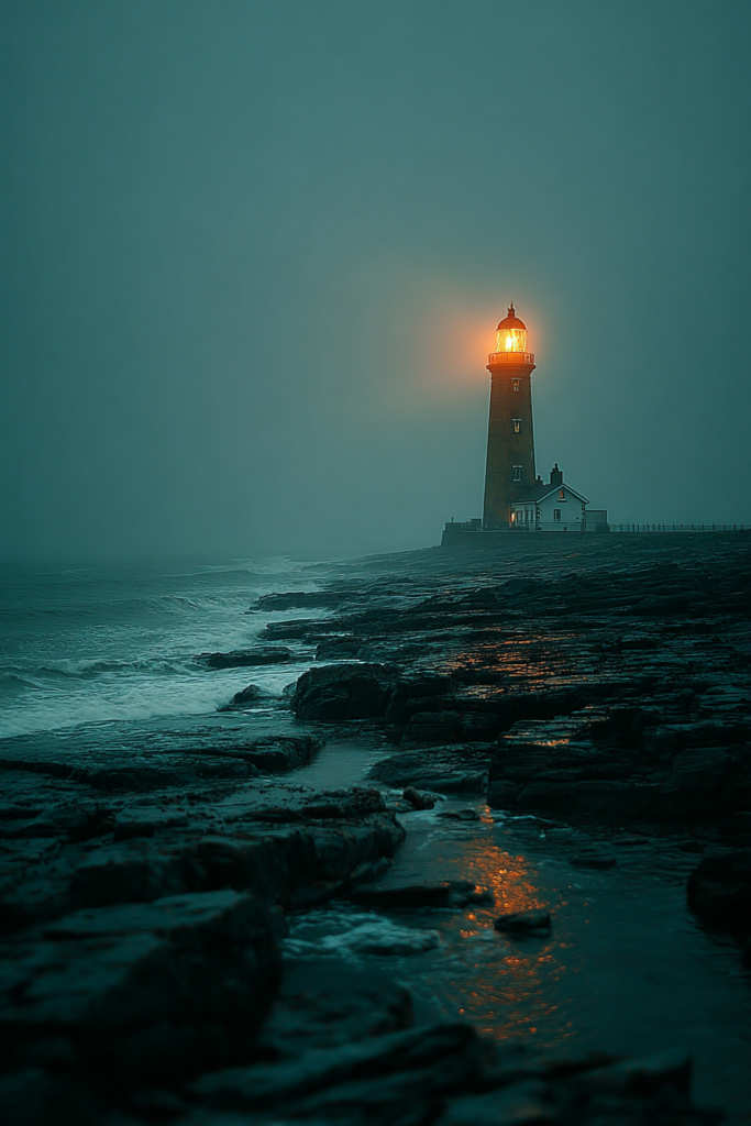 Isolated coastal gothic lighthouse on a fog-covered rocky Atlantic headland at night with amber light beam cutting through grey mist