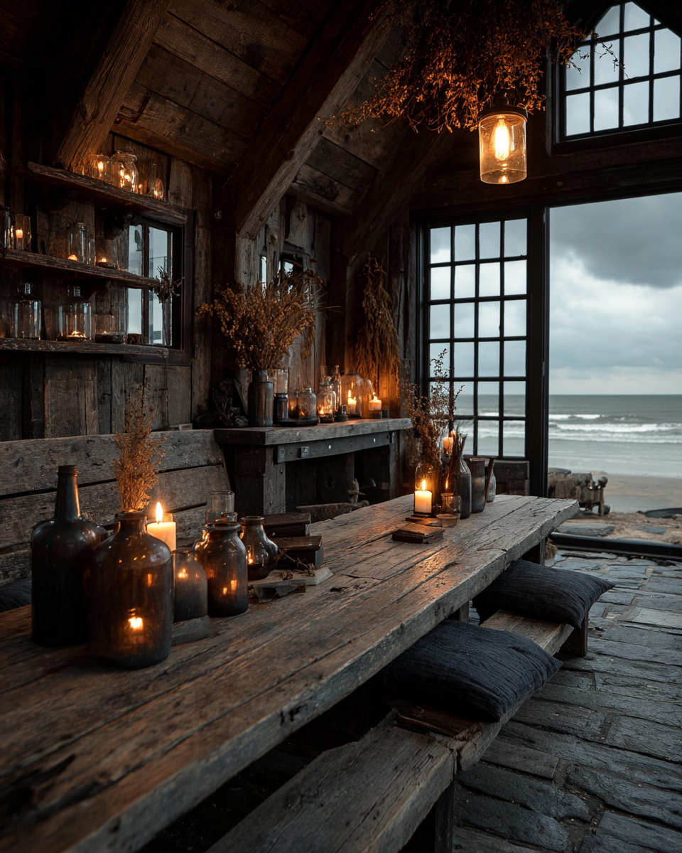 A dark coastal gothic interior at dusk lit by two glowing lanterns and a warm Edison bulb, with a large multi paned window showing the grey sea and darkening sky outside, dried botanicals hanging from low beams, and dark glass vessels on rough shelves