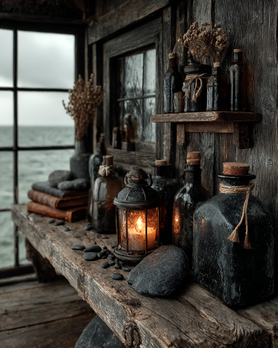 A rough hewn coastal gothic shelf on weathered dark wood plank wall holding dark glass bottles, a glowing lantern, dried sea herbs, and smooth dark sea worn stones, with a small window showing a muted grey sea beyond