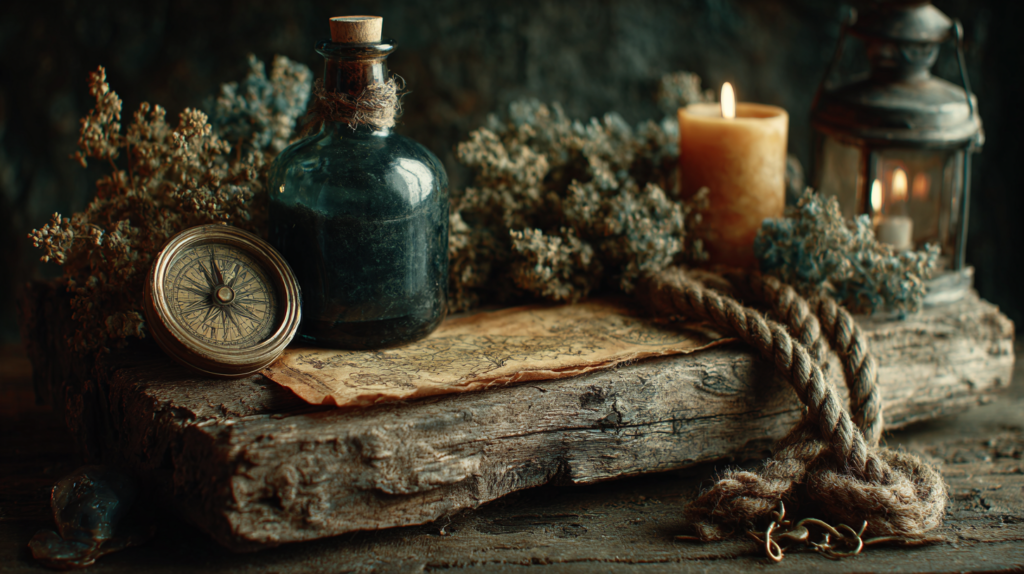 Coastal gothic still life with antique brass compass, sealed wax bottles, pressed seaweed specimen, sea glass and dried sea lavender arranged on aged driftwood