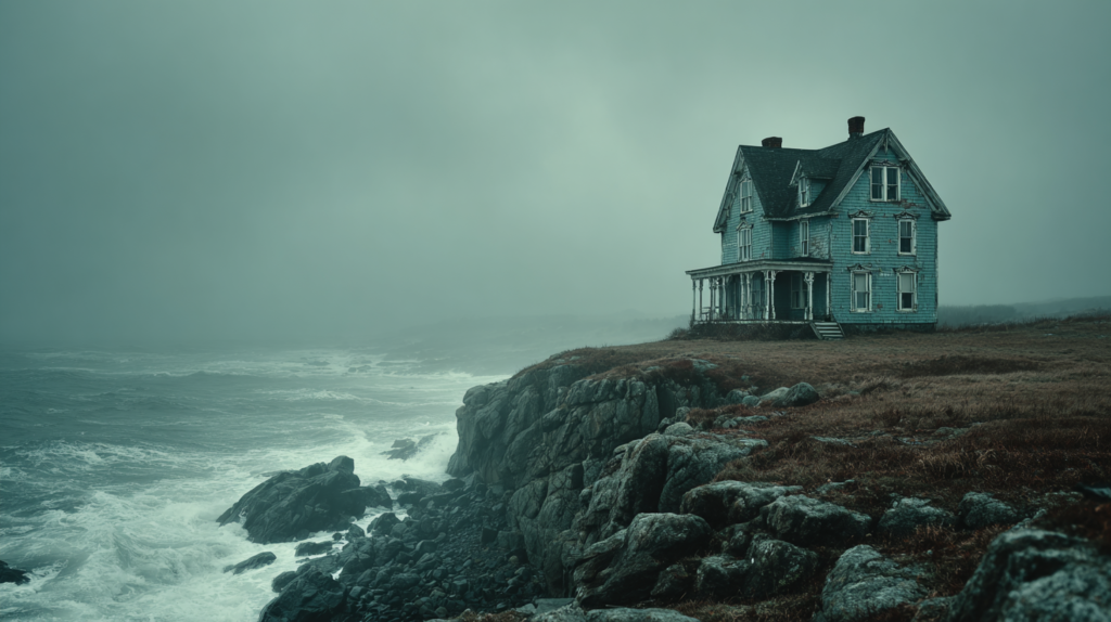 Weathered Victorian house perched on a rocky Atlantic cliff above fog-covered grey sea with widow's walk railing