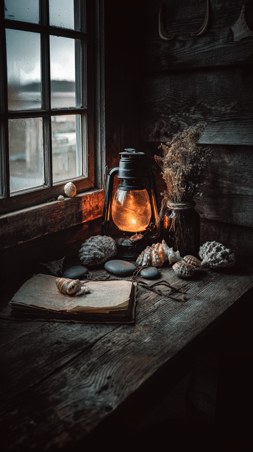 A coastal gothic interior detail showing a rough dark wooden surface with a glowing lantern, a dark glass bottle, dried sea herbs, smooth dark sea worn stones, and an open worn journal, with a weathered wood plank wall and faint grey sea visible through a small window behind