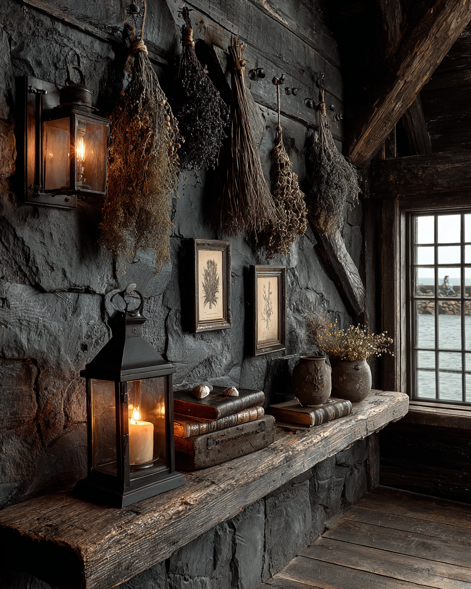 A weathered dark wood plank wall in a coastal gothic interior with bundles of dried sea herbs hanging from iron hooks, pinned shells and pressed sea grasses, small framed coastal drawings, and a glowing lantern casting warm light upward from a rough shelf below