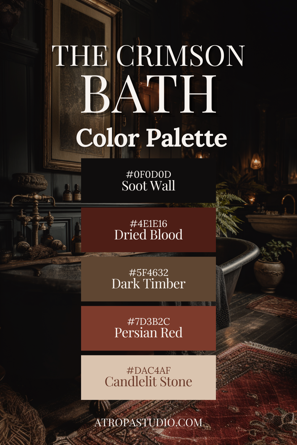 The Crimson Bath dark cottagecore color palette with five hex codes: Soot Wall, Dried Blood, Dark Timber, Persian Red and Candlelit Stone