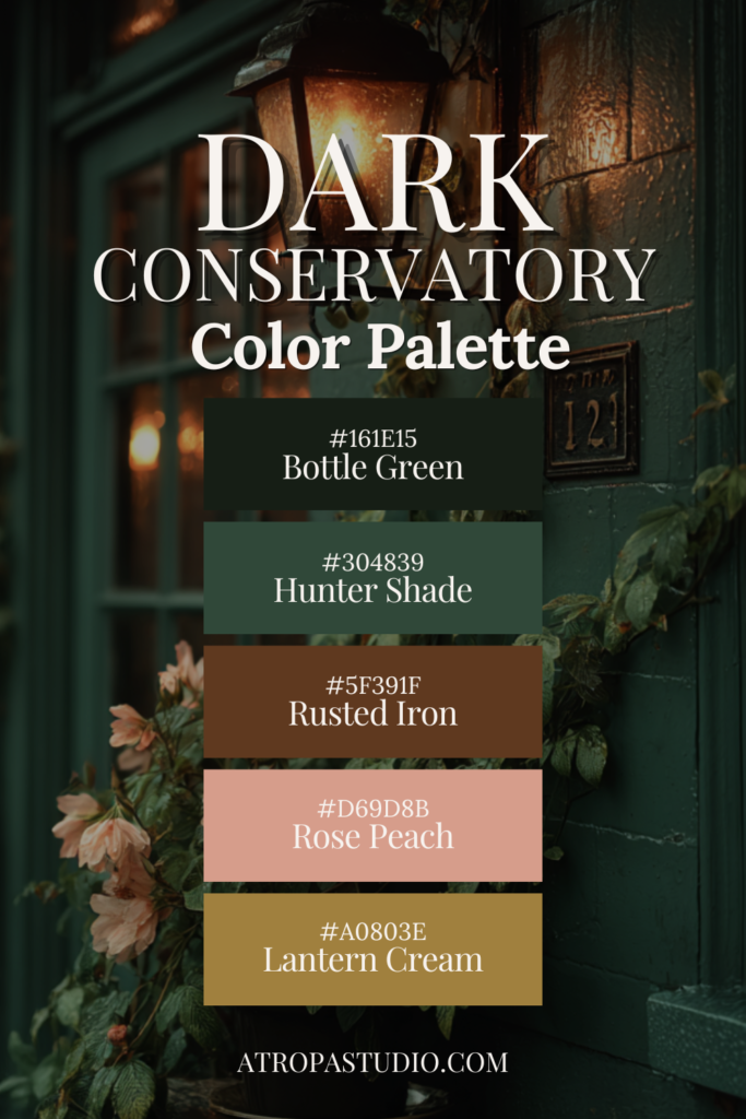 Dark conservatory color palette with bottle green, hunter shade, rusted iron, rose peach and lantern cream tones for dark cottagecore home decor