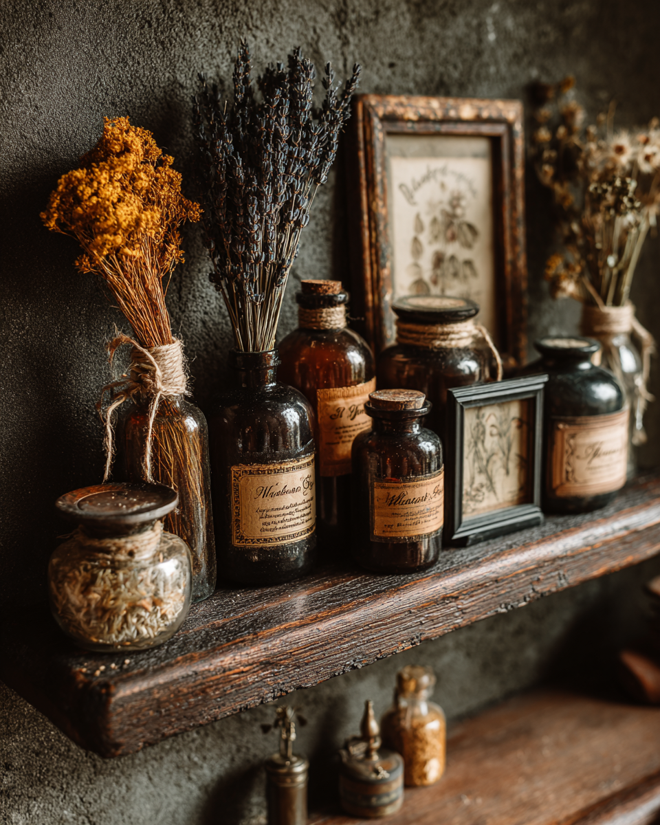 Dark cottagecore bathroom corner with tarnished brass candle holders, amber apothecary bottles, and botanical wallpaper in warm candlelight