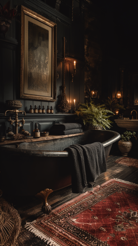 Dark cottagecore bathroom with a black clawfoot tub, amber apothecary bottles, dark linen towels, ferns, candlelight, and a worn red Persian rug on dark hardwood floors