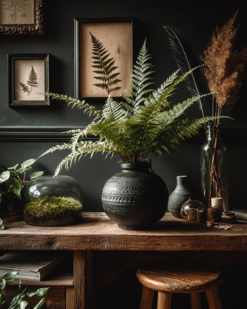 Dark cottagecore bathroom botanical corner with Boston fern, pressed specimen prints in black frames, and a moss terrarium