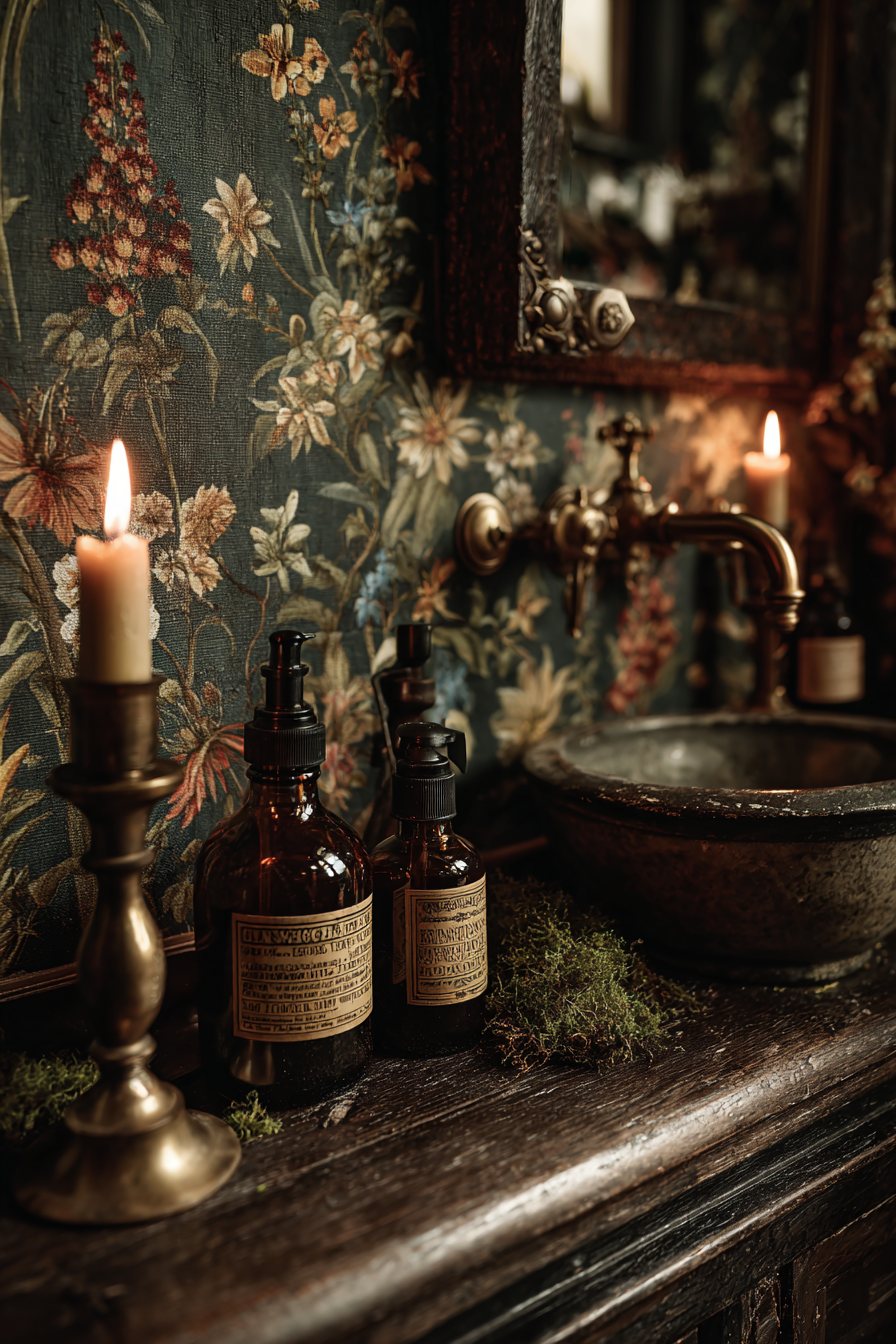 Dark cottagecore bathroom corner with tarnished brass candle holders, amber apothecary bottles, and botanical wallpaper in warm candlelight