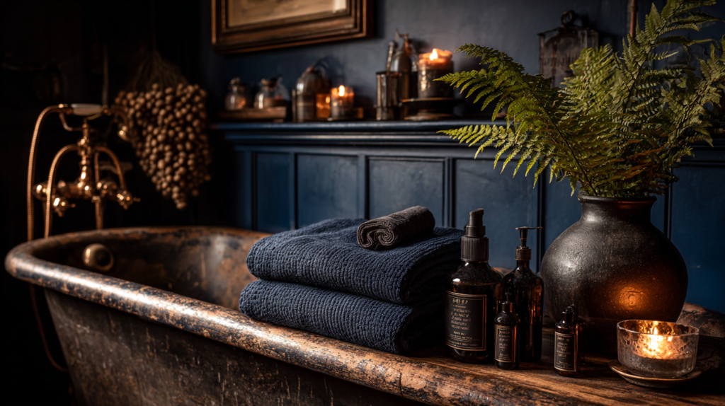 Dark cottagecore bathroom with deep navy walls, clawfoot tub, aged brass fixtures, dried botanicals, and candlelight