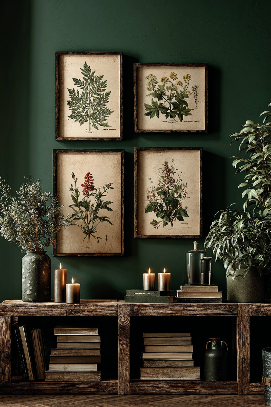 A gallery wall of Victorian botanical specimen prints in dark wood frames on a forest green bedroom wall, featuring belladonna and foxglove illustrations