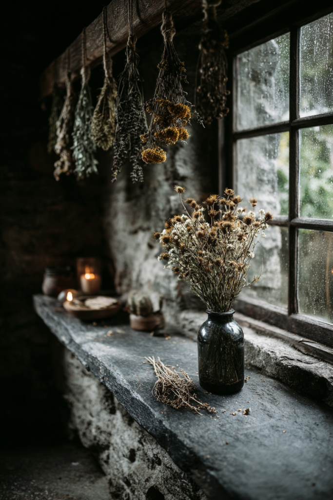 A dark cottagecore bedroom windowsill with hanging dried herb bundles, dried thistles in a dark glass vase, and soft grey moody window light