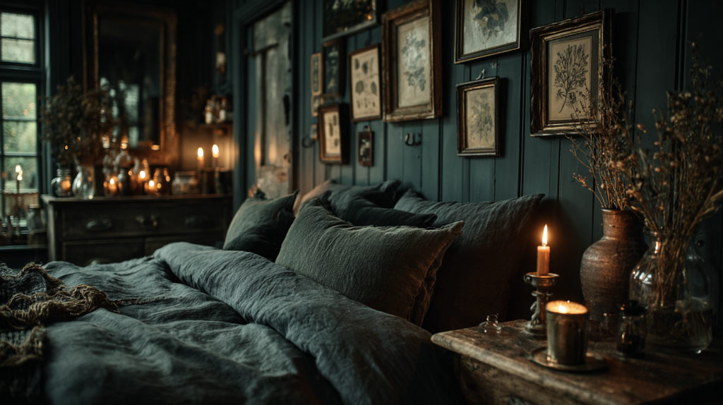 A dark cottagecore bedroom with forest green walls, layered velvet and linen bedding, framed botanical prints, and warm candlelight