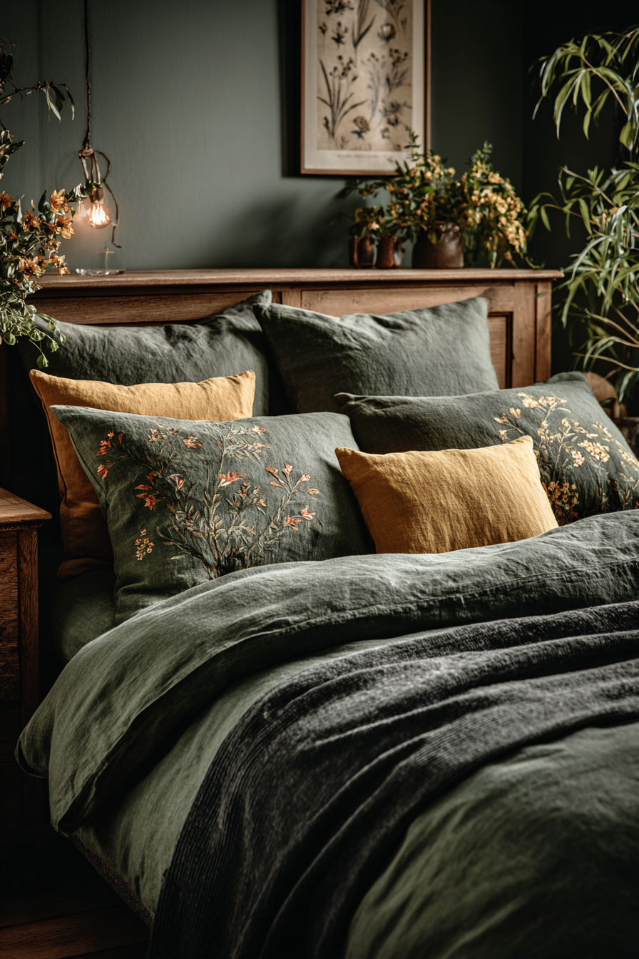 Layered dark cottagecore bedding in forest green and charcoal with a velvet throw and botanical print cushion