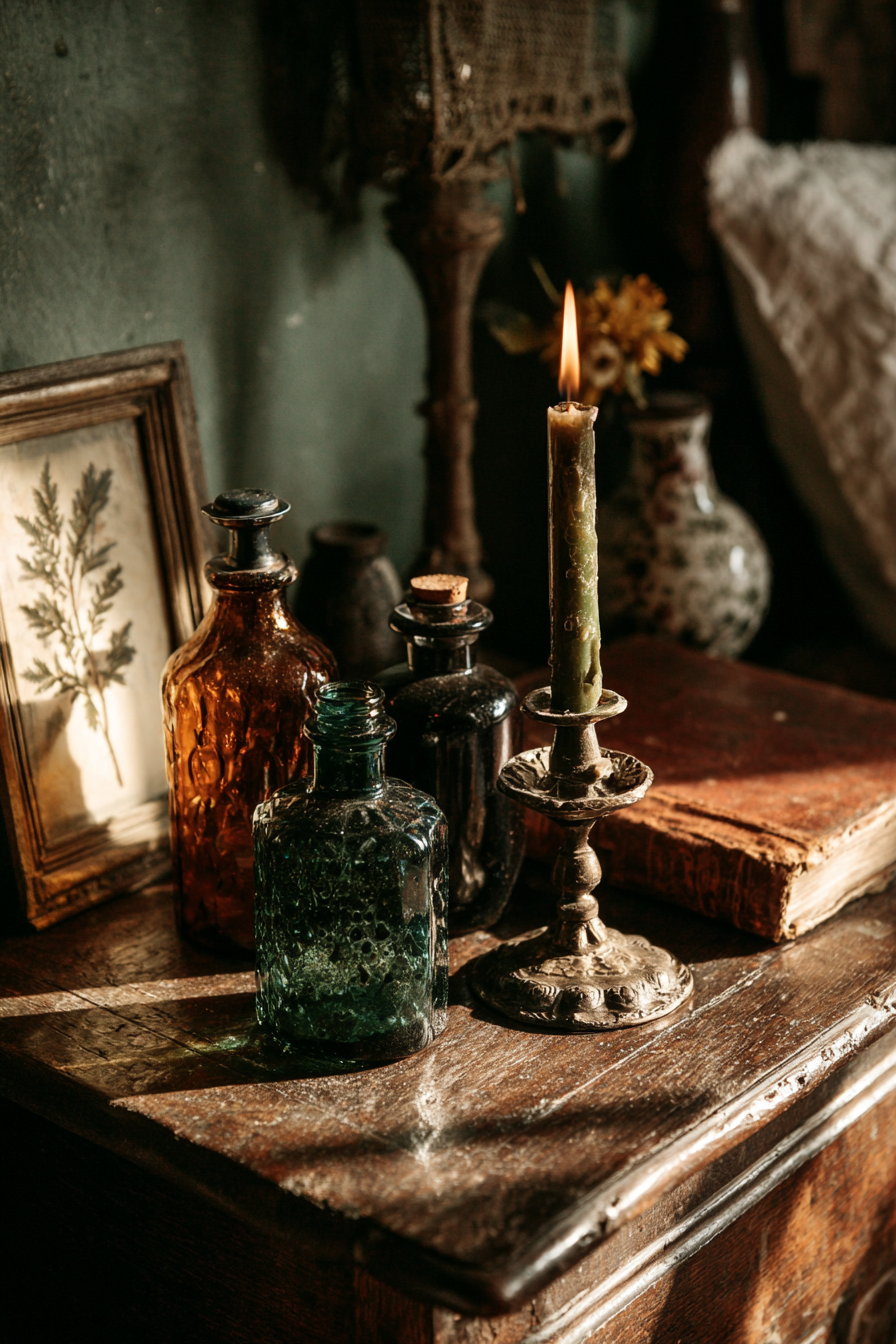 A dark cottagecore bedside table with apothecary bottles, a taper candle in brass, and a framed pressed botanical specimen
