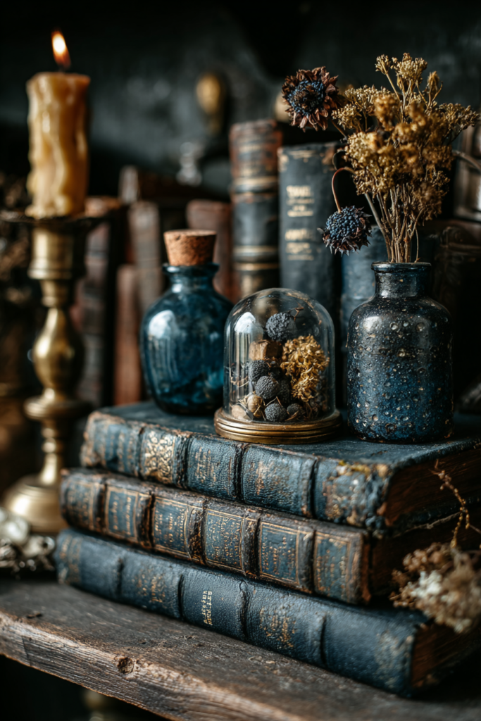 Dark cottagecore bookshelf with leather books, apothecary bottles, and dried belladonna specimens under a glass dome