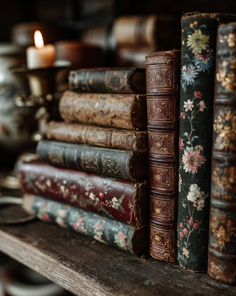 Aged cloth-bound and leather books with worn botanical field guide spines stacked on a dark wood shelf in candlelight Image Title: Dark Cottagecore Bookshelf Book Selection