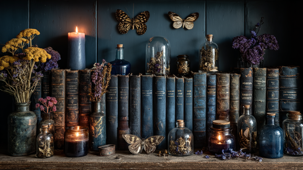 Dark cottagecore bookshelf styled with leather books, apothecary bottles, and dried botanical specimens in candlelight
