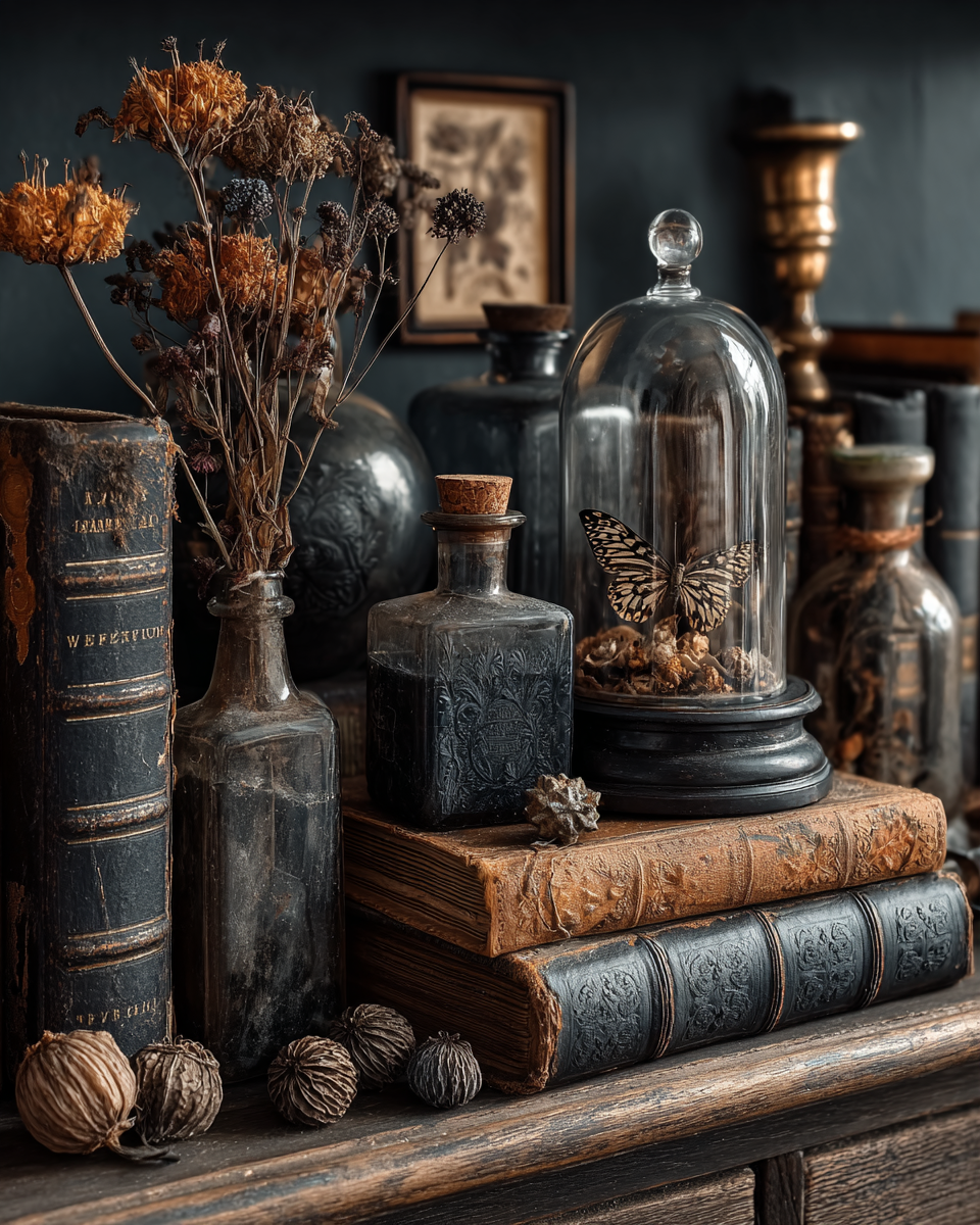 Dark cottagecore shelf vignette with apothecary bottles, bell jar with dried moth, brass candlestick, and botanical print