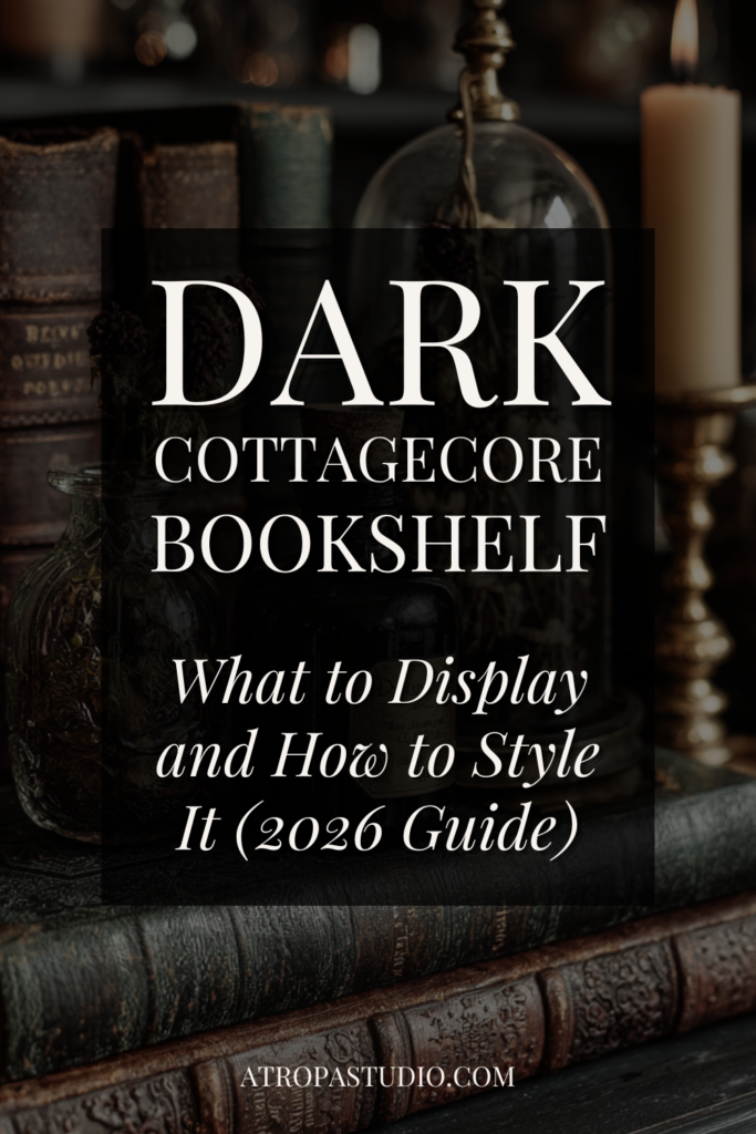 Dark cottagecore bookshelf styling guide Pinterest pin with aged leather books, apothecary bottles, glass dome, and brass candlestick