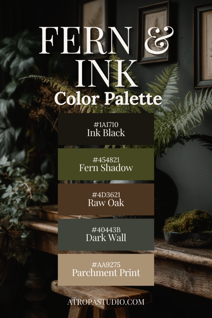 Fern and Ink dark cottagecore color palette with ink black, fern shadow, raw oak, dark wall and parchment print hex codes