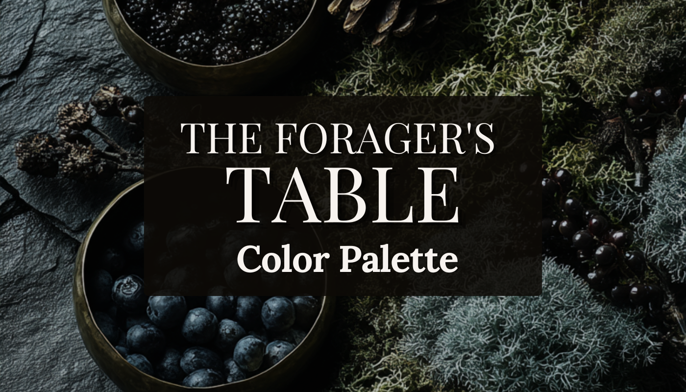 The Forager's Table dark cottagecore color palette with five hex codes: Witchwood Black, Poison Moss, Slatewater, Tallow Glow and Lichen Pale