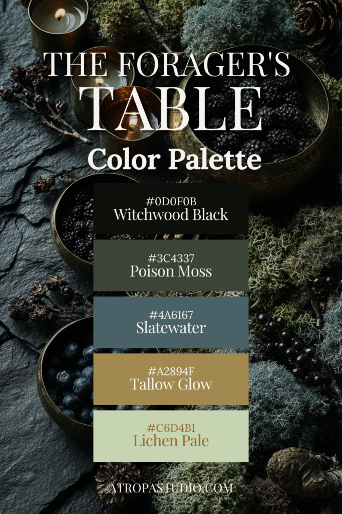 The Forager's Table dark cottagecore color palette with witchwood black, poison moss, slatewater, tallow glow and lichen pale hex codes