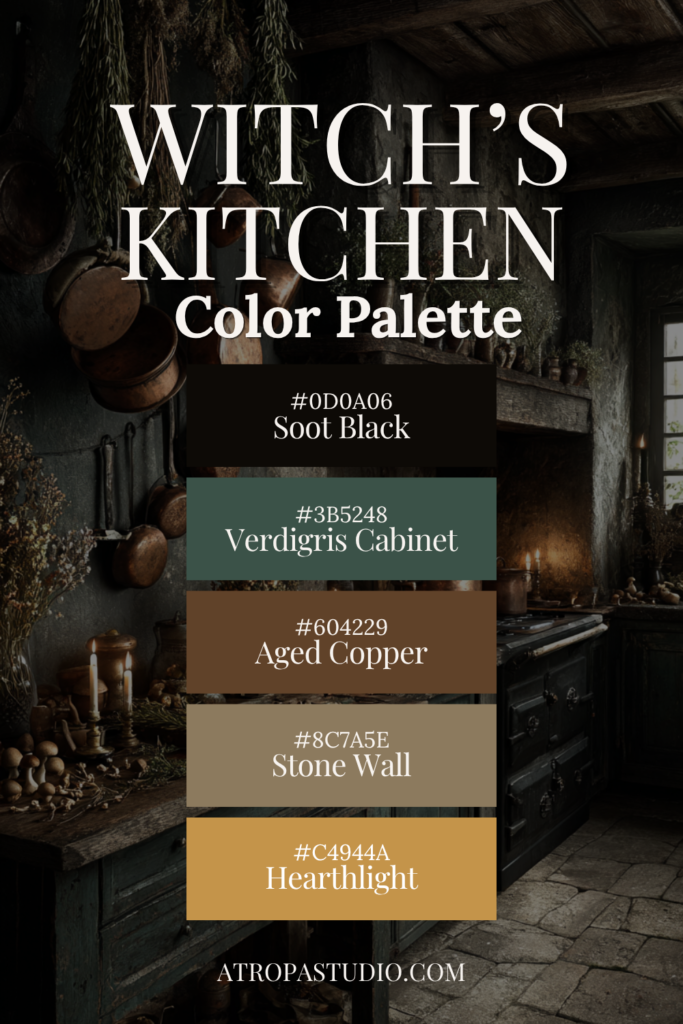 Witch's Kitchen dark cottagecore color palette with soot black, verdigris cabinet, aged copper, stone wall and hearthlight hex codes