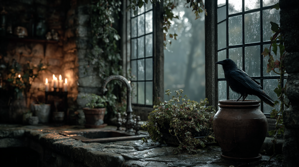 A raven perched on a terracotta pot beside a rain-streaked multi-paned window in a moody stone cottage interior with candlelight and wild climbing plants