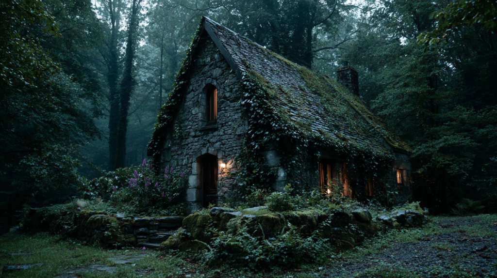A moss and ivy covered stone cottage nestled in a dark foggy forest at dusk, warm amber light glowing from the windows and doorway, foxglove growing wild along the foundation