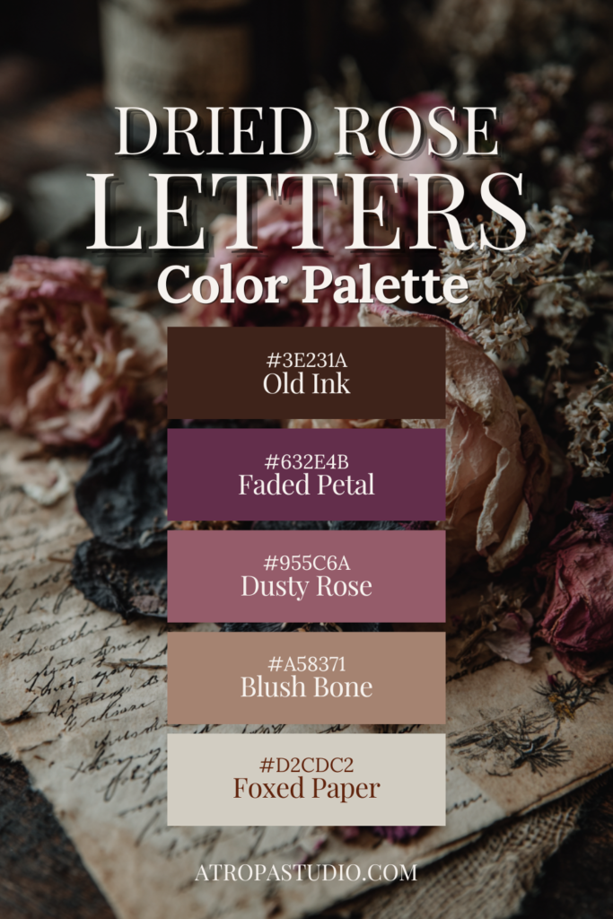 Dried rose letters color palette featuring old ink, faded petal, dusty rose, blush bone and foxed paper tones for dark cottagecore and dark romantic aesthetics