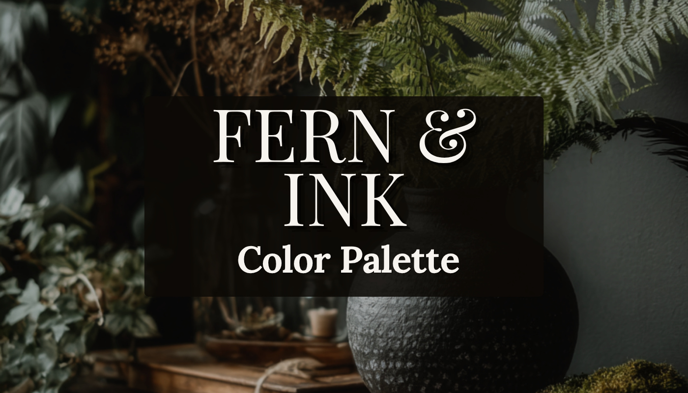A dark botanical interior with large living ferns, ivy and dried botanicals in a textured black vessel on a raw wood surface against a deep grey-green wall
