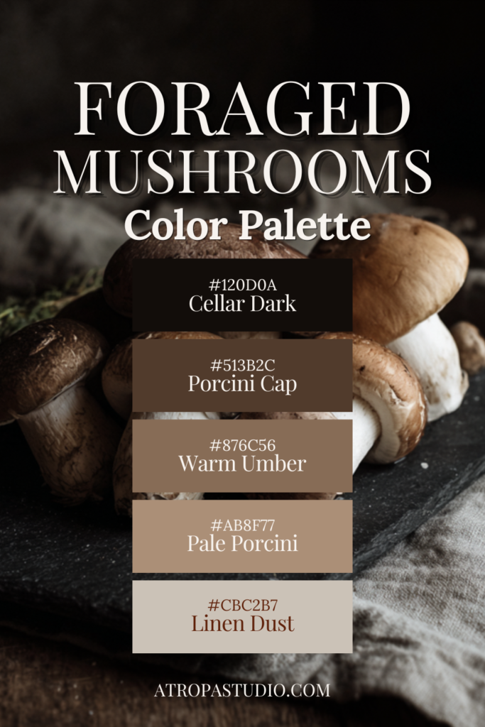 Foraged mushrooms color palette with cellar dark, porcini cap, warm umber, pale porcini and linen dust tones for dark cottagecore and goblincore aesthetics