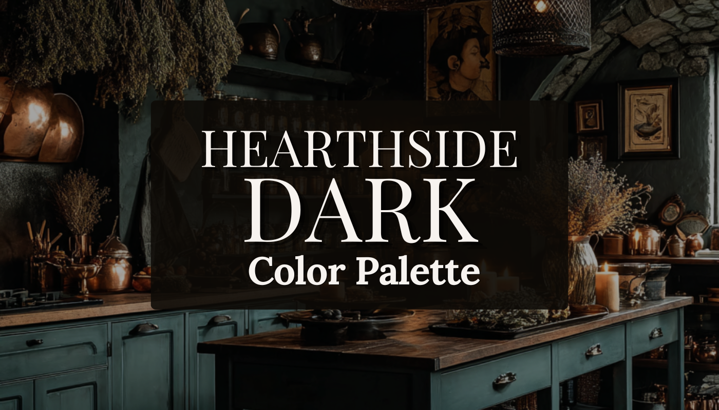 Dark cottagecore kitchen with deep teal cabinetry, copper vessels, dried herbs hanging from ceiling, framed botanical prints and candlelight