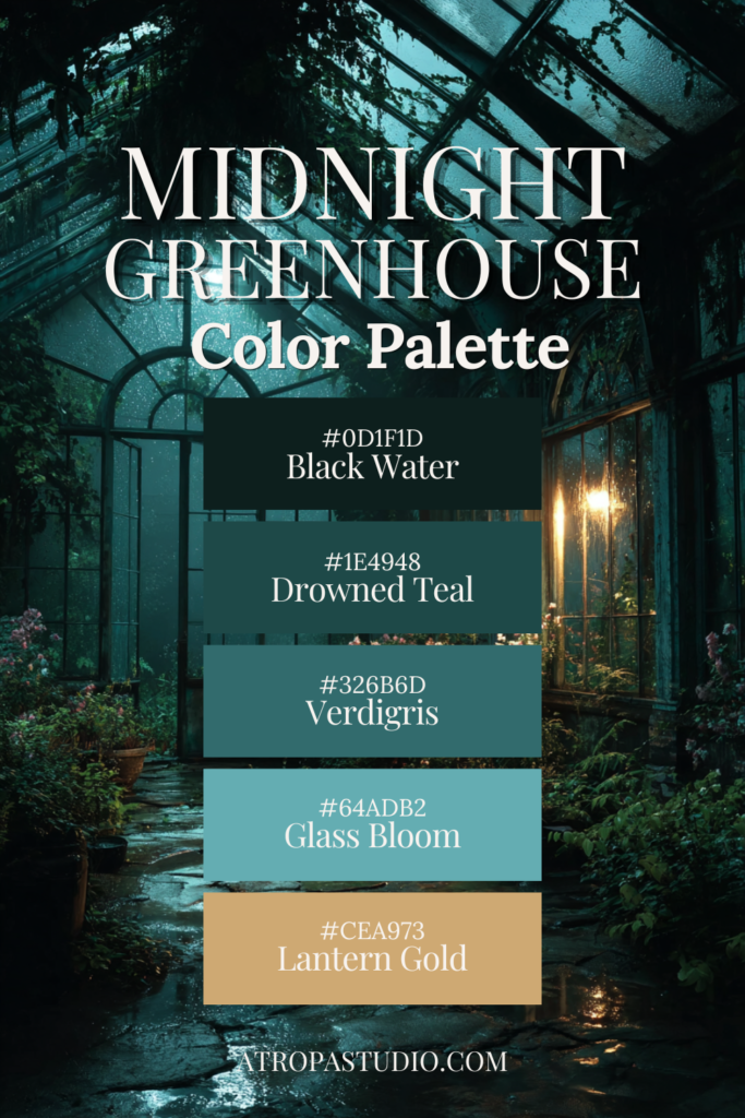 Midnight greenhouse color palette with deep teal, verdigris, glass bloom, and lantern gold tones for dark cottagecore decor