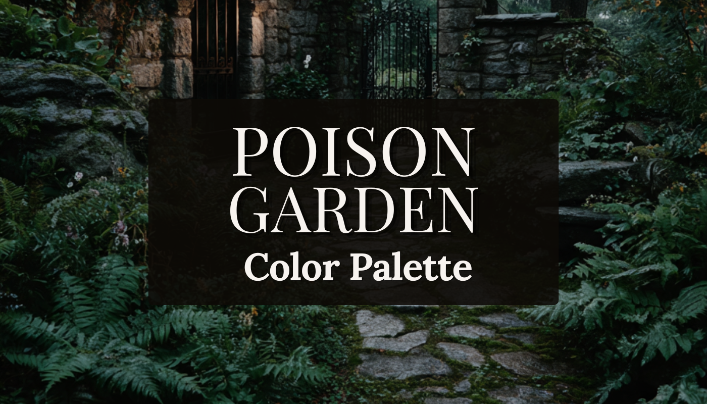 Poison garden color palette for dark cottagecore home decor, featuring deep greens, shadow black, and mossy stone tones