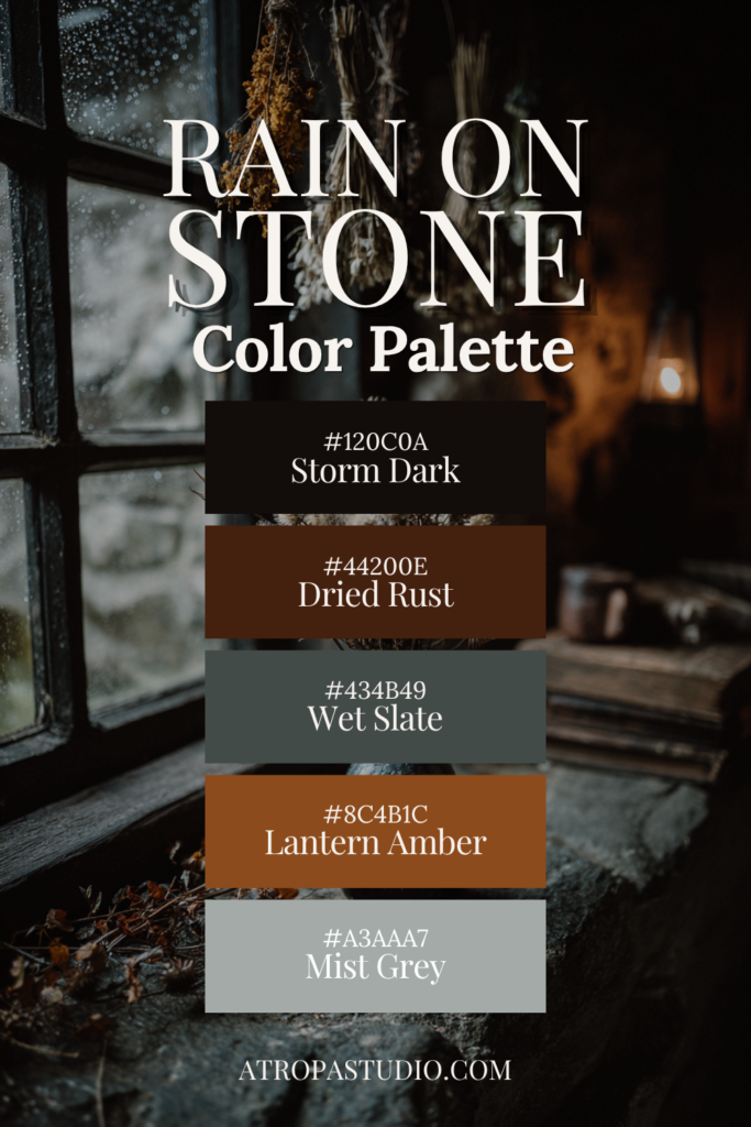 Rain on Stone dark cottagecore color palette with five hex codes: Storm Dark, Dried Rust, Wet Slate, Lantern Amber and Mist Grey