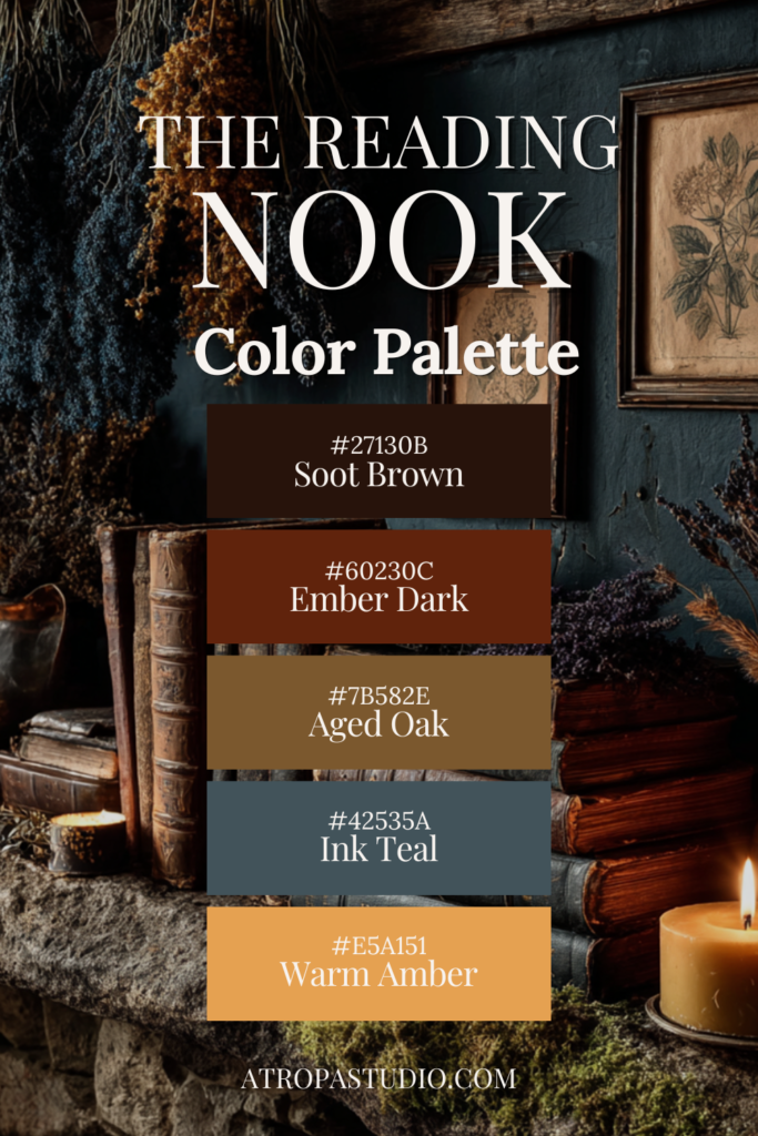 Dark cottagecore reading nook color palette featuring soot brown, ember dark, aged oak, ink teal, and warm amber from leather books and candlelight