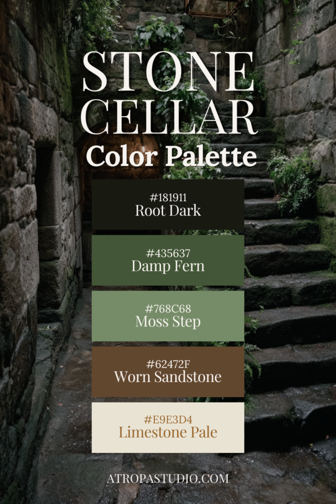 Stone cellar color palette featuring root dark, damp fern, moss step, worn sandstone and limestone pale for dark cottagecore and witchcore aesthetics