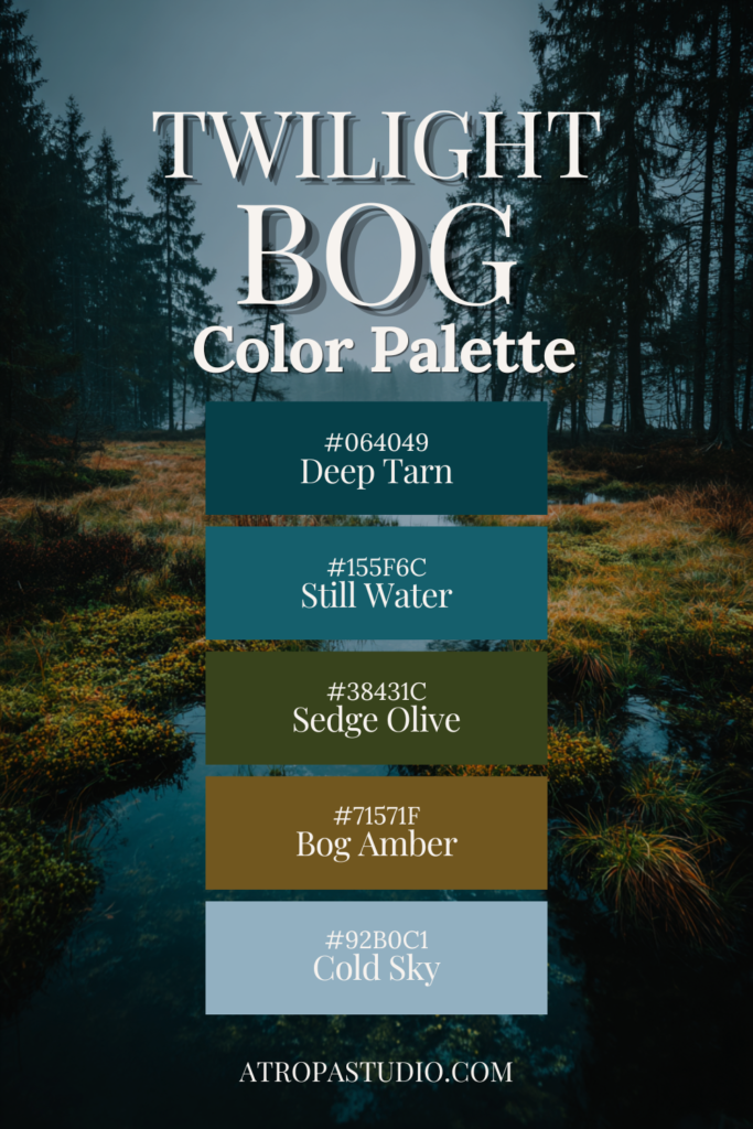 Twilight bog color palette with deep tarn, still water teal, sedge olive, bog amber and cold sky tones for dark nature and goblincore aesthetics
