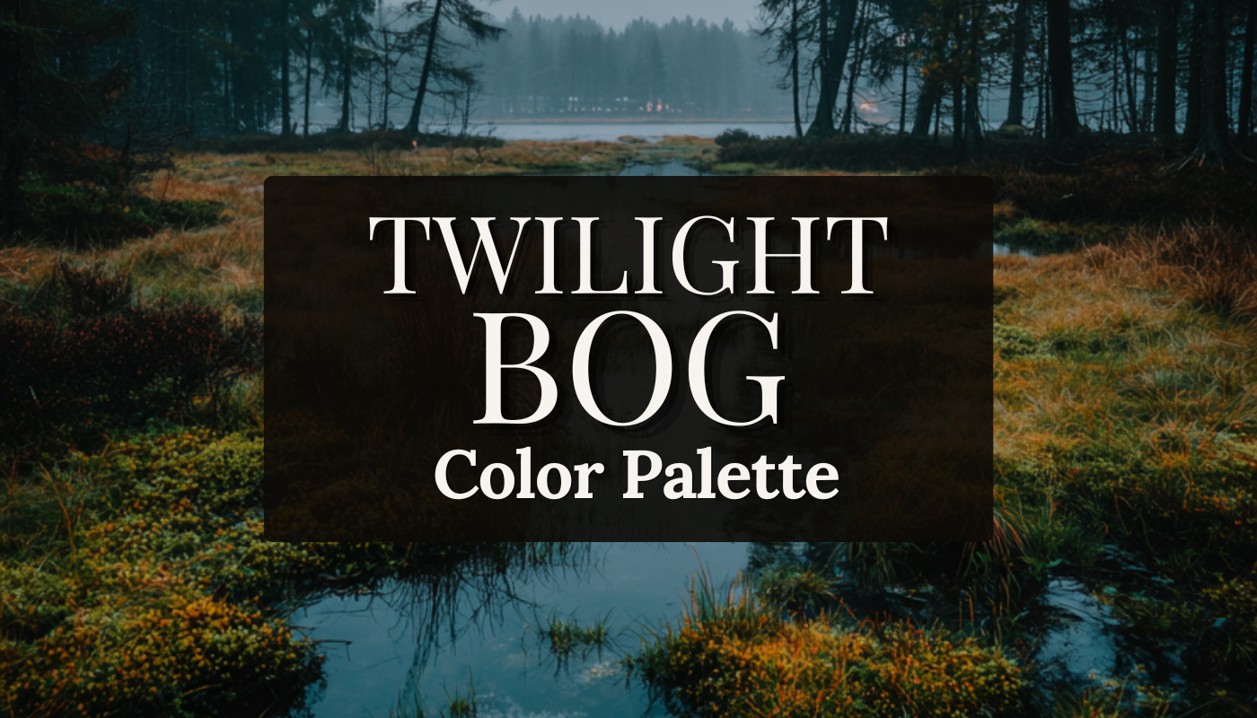 A twilight bog with still dark teal water reflecting a cold pale sky, sedge grass and low scrub in amber and olive tones, tall conifers disappearing into mist