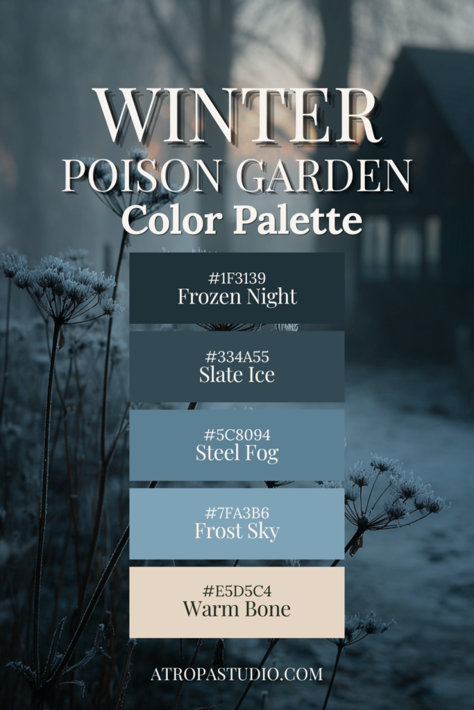 Winter poison garden color palette with icy blue and steel grey tones, inspired by frost-covered botanical stems at dawn