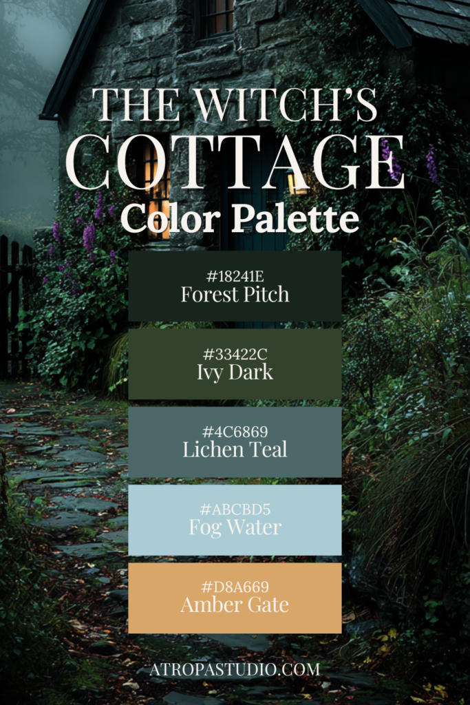 Dark cottagecore color palette inspired by a witch's cottage, featuring forest pitch, ivy dark, lichen teal, fog water, and amber gate