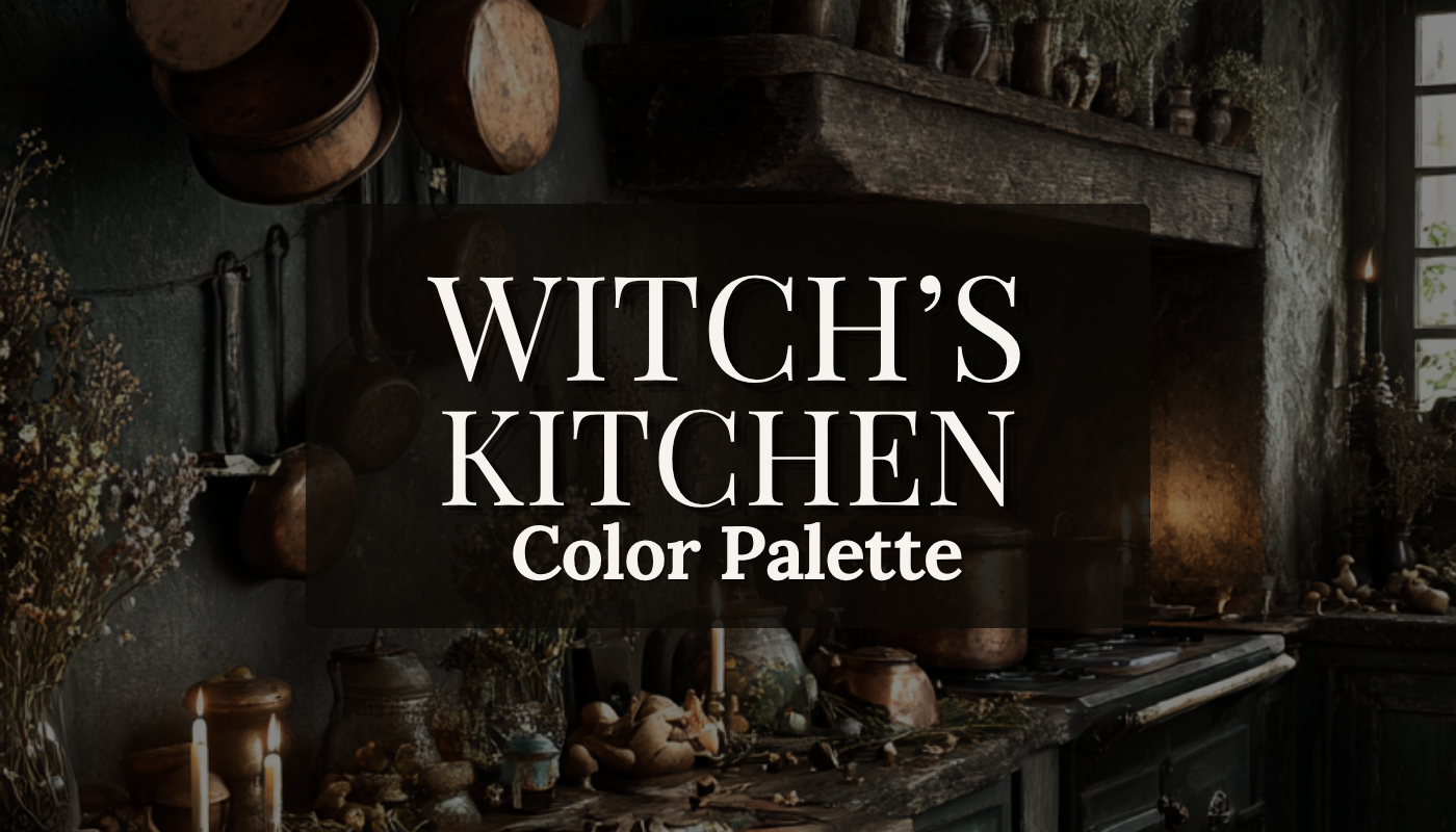 Dark cottagecore witch's kitchen with aged copper pots, stone hearth, candles and dried botanicals