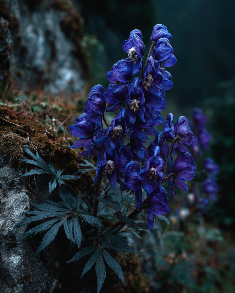 Deep violet-blue hooded Aconitum napellus monkshood flowers dense on an upright spike with dark divided leaves against mossy stone