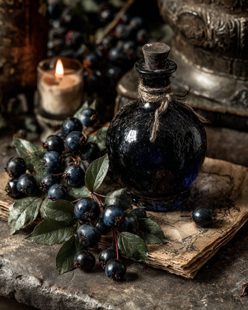 Dark apothecary glass bottle surrounded by Atropa belladonna leaves and black berries on a stone surface in candlelight